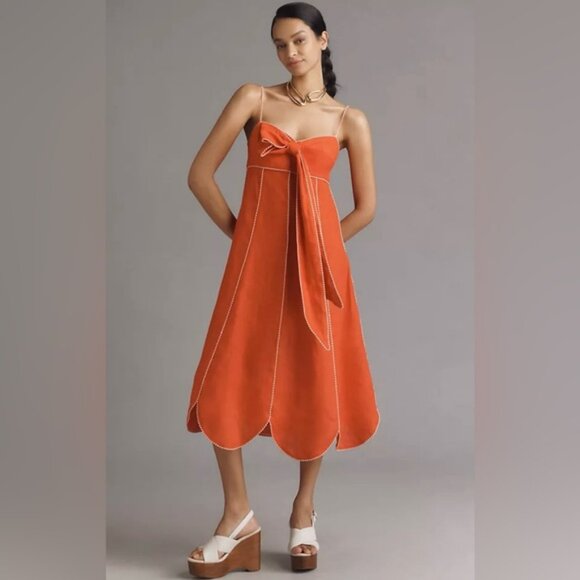 Farm Rio Bow Scalloped Linen Midi Dress, MED NWT - Picture 5 of 11